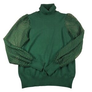 Marled Green Turtleneck Sweater‎ Size M Sheer Balloon Sleeve Pullover Chic Top